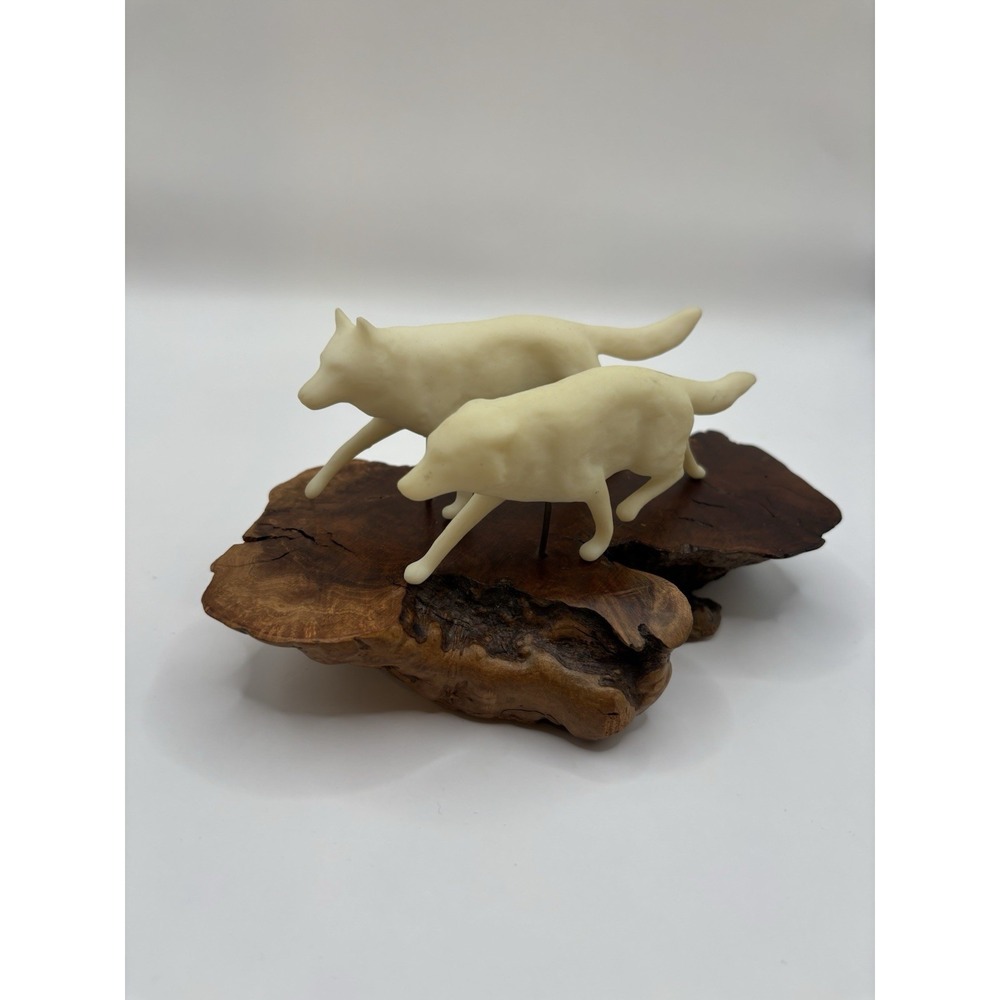 Vintage 1977 John Perry 2 Wolves Pellucida Resin on Burlwood Sculpture 6.5 Inch